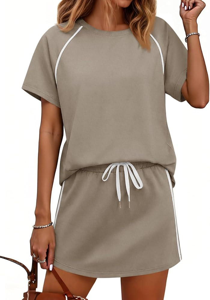 Yousify Womens 2 Piece Skirt Sets Summer Short Sleeve Tops and Tennis Skort Lounge Set Vacation W... | Amazon (US)