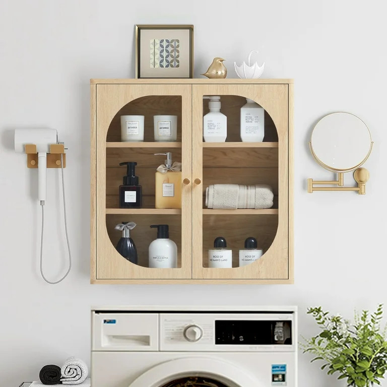 Wirrytor Natural Wall Storage Cabinet, Farmhouse Bathroom Shelf with Glass Door, Medicine Wall Mo... | Walmart (US)