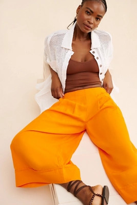 Maeve Linen Pleat-Front Wide-Leg Culottes | Anthropologie (US)