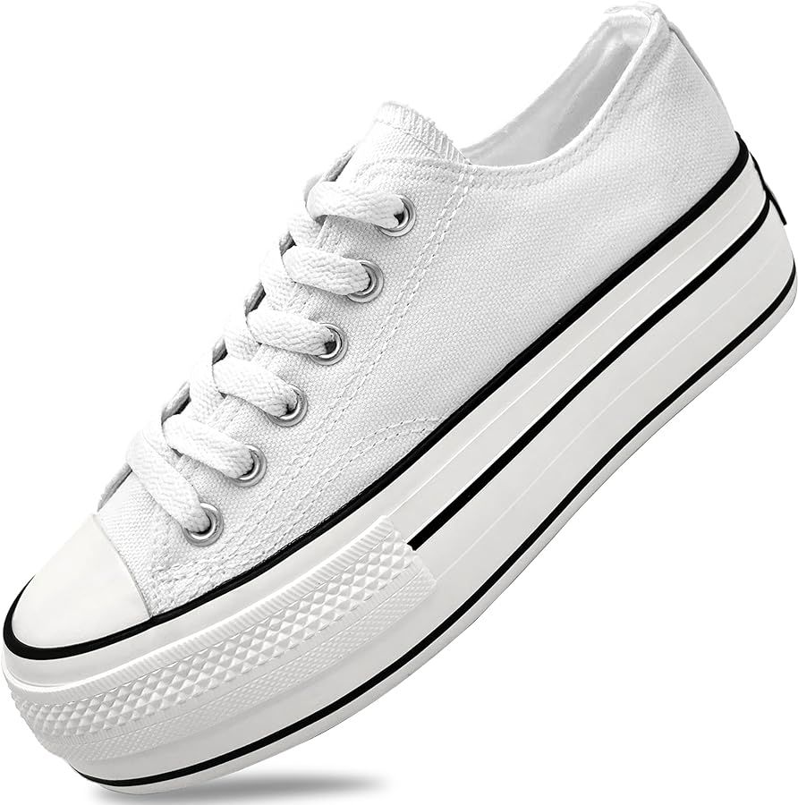 Platform Sneakers for Women, White Platform Shoes, Low Top Tennis Shoes, Lace Up Canvas Shoes Wom... | Amazon (US)