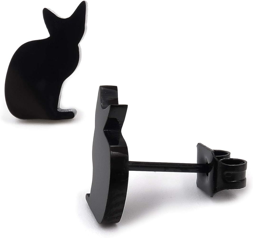 Stainless Steel Cute Black Cat Silhouette Post Stud Earrings Play Sit Jump | Amazon (US)