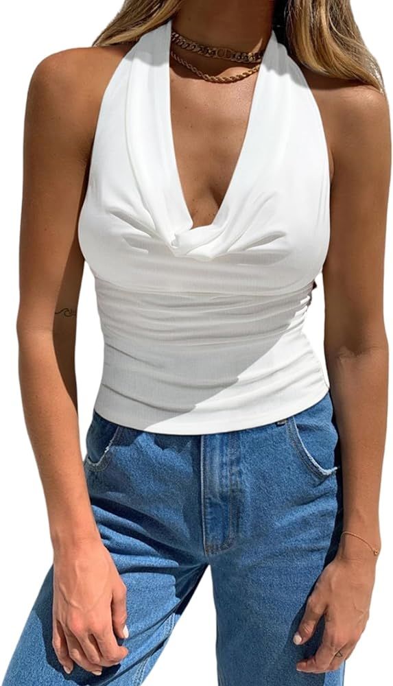 Women’s Halter Top Summer Sexy Backless Cowl Neck Sleeveless Casual Tops | Amazon (US)