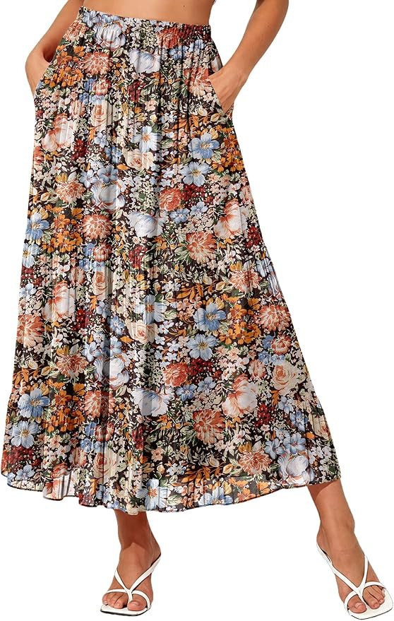 Women's Elastic High Waist Chiffon Boho Maxi Skirt with Pockets | Amazon (US)