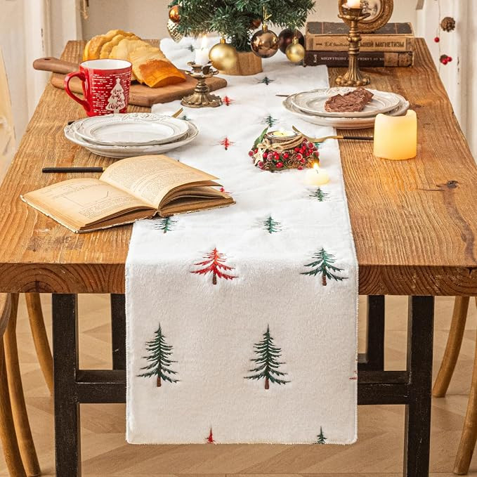 Faux Fur Christmas Table Runner with Embroidered Tree Design, Soft Fluffy Holiday Decor for Dinin... | Amazon (US)