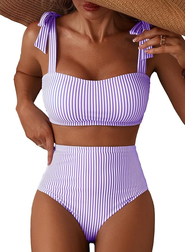 Herseas Women's Tie Shoulder Bikini Sets 2 Piece Striped Swimsuits High Waisted Bathing Suits | Amazon (US)