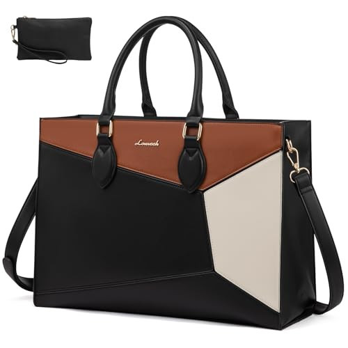 LOVEVOOK Laptop Bag for Women,15.6 lnch Waterproof Lightweight Leather Tote Bag,Professional Business Office Work Bags with Clutch Purse, Large Capacity Computer Shoulder Handbag,Black-White-Brown | Amazon (US)