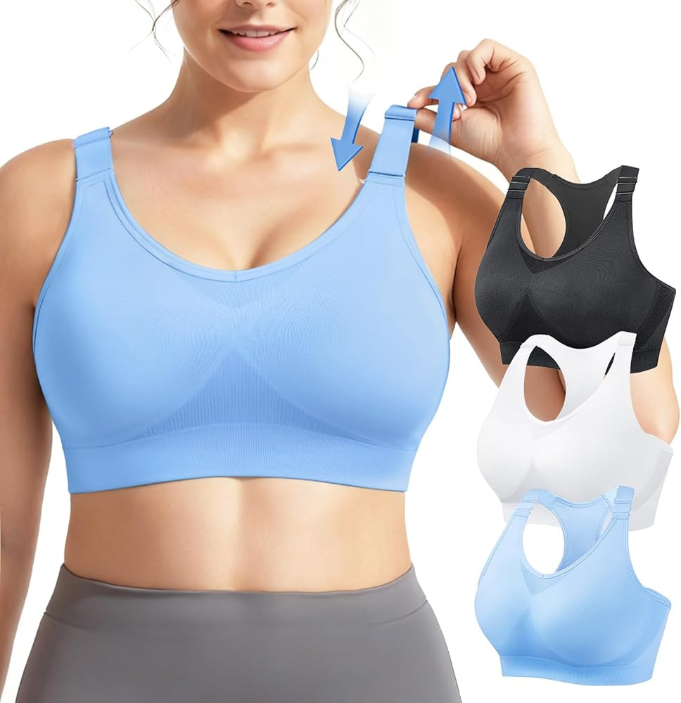 FITTIN Support Sports Bras for Women: 3 Pack Adjustable Racerback Padded Full Coverage Bra for Gy... | Amazon (US)