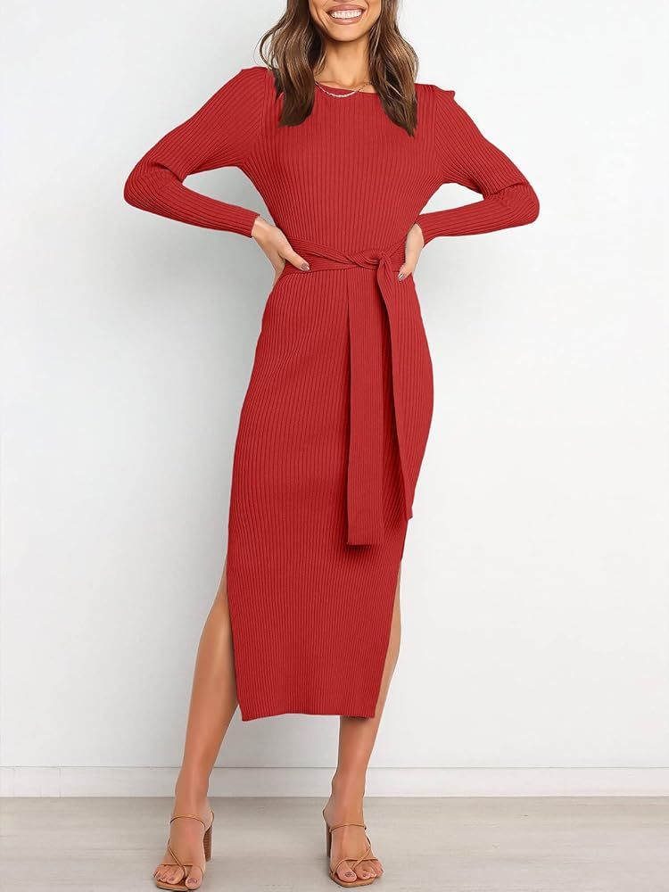 ANRABESS Women's 2022 Elegant Sweater Dress Long Sleeve Crewneck Tie Waist Slim Fit Knit Slit Mid... | Amazon (US)