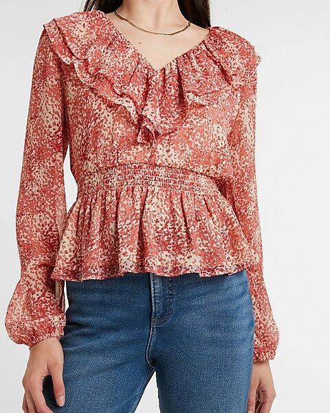 Printed Ruffle V-Neck Smocked Peplum Top | Express