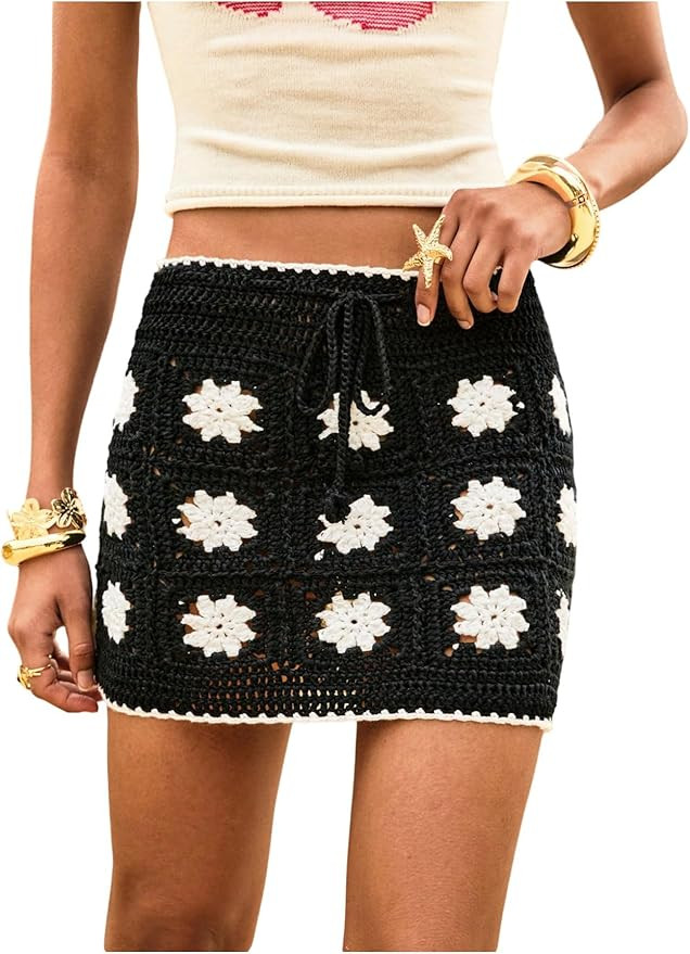 MakeMeChic Women's Crochet Skirts Tie Front Summer Beach Cover Up Floral Mini Skirt | Amazon (US)
