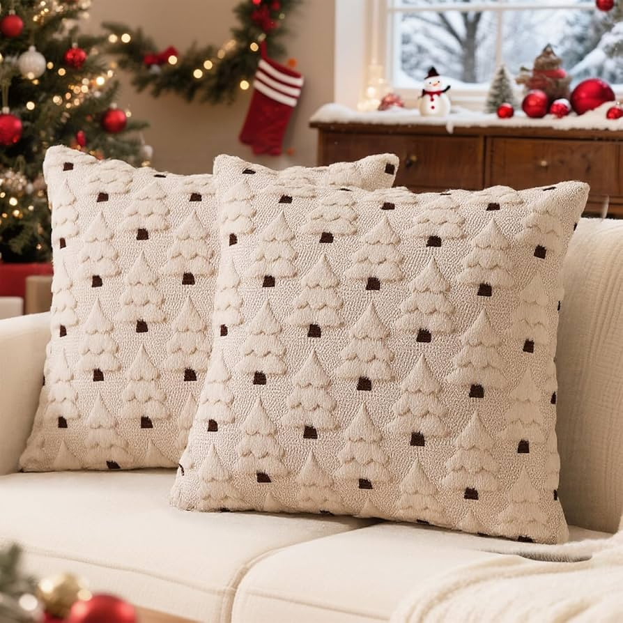 Christmas Throw Pillow Covers with Tree Decoration, 18x18 Faux Fur Wool Throw Pillows Soft Plush ... | Amazon (US)
