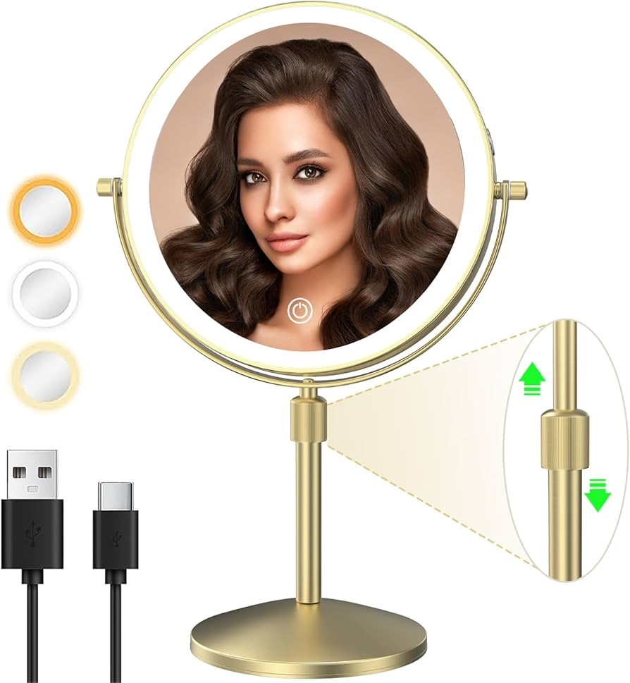 8" Lighted Makeup Mirror, 1X/10X Magnification Mirror with Lights, Double Sided Dimmable Mirror, ... | Amazon (US)