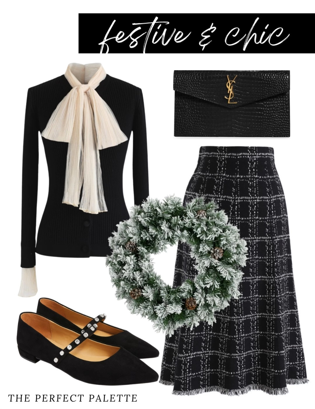 Christmas party outfit 
Holiday outfit
Holiday skirt
Sweater 
Bow blouse
Chicwish
Chicwish holiday outfit
YSL bag
Walmart wreath 
Holiday wreath 
Holiday decor 

#LTKHome #LTKParties #LTKSeasonal