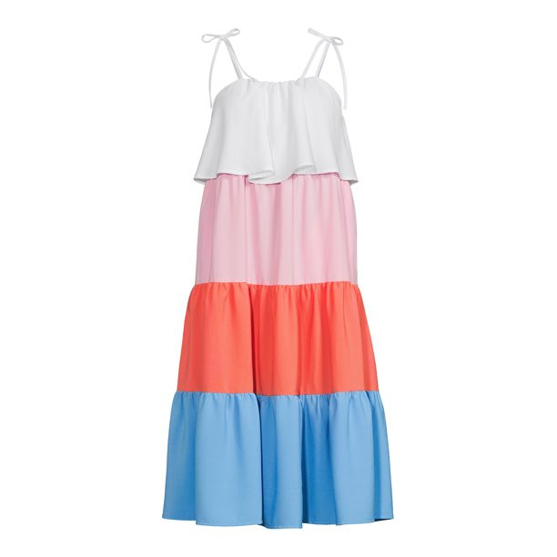 Time and Tru Women's Tie Shoulder Colorblock Midi Dress - Walmart.com | Walmart (US)