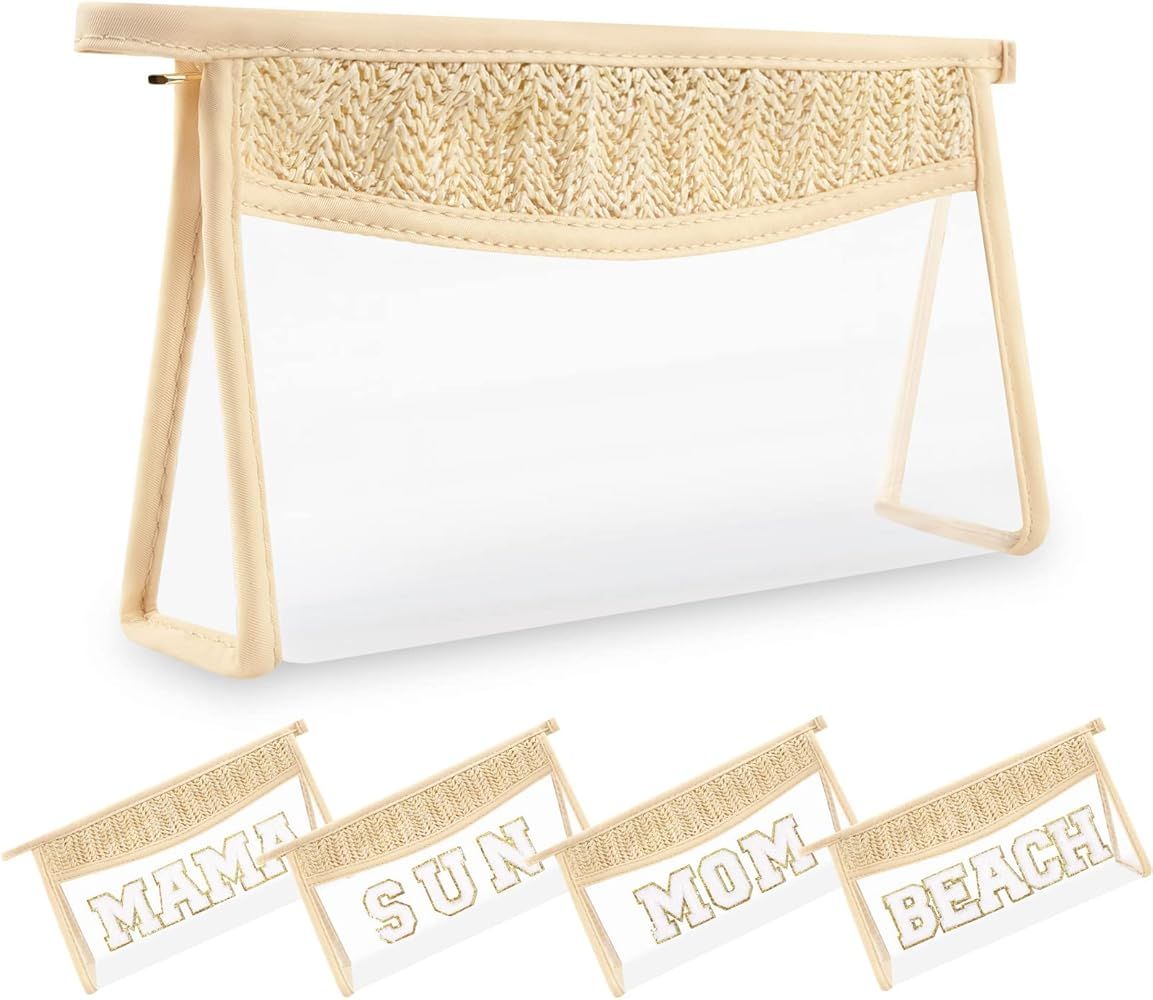 Small Boho Straw Clear Makeup Bags for Women&Girls, Zipper Cosmetic Bag Chenille Varsity Letter P... | Amazon (US)