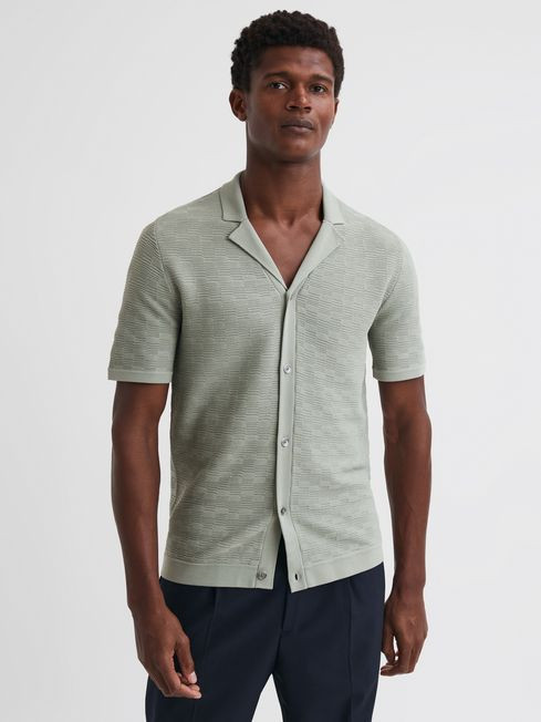 Reiss Sage Lunar Textured Cuban Collar Button-Through Shirt | Reiss UK