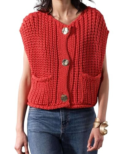 Women's Fashionable Sleeveless Short Knitted Sweater Vest Button Cardigan with Pockets | Amazon (US)