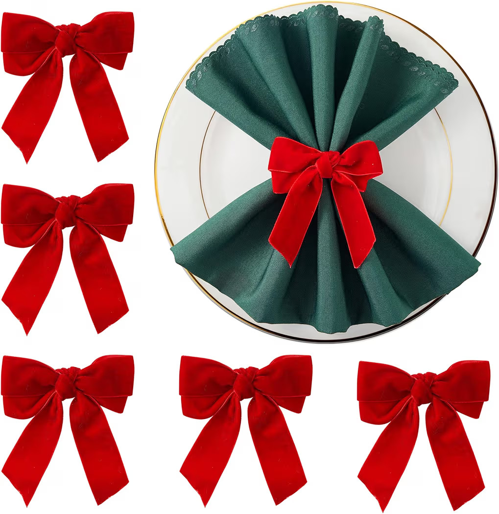 APTWOW Christmas Napkin Rings Set of 6 - Red Bow Velvet Napkin Holders, Chic Xmas Holiday Napkin ... | Amazon (US)