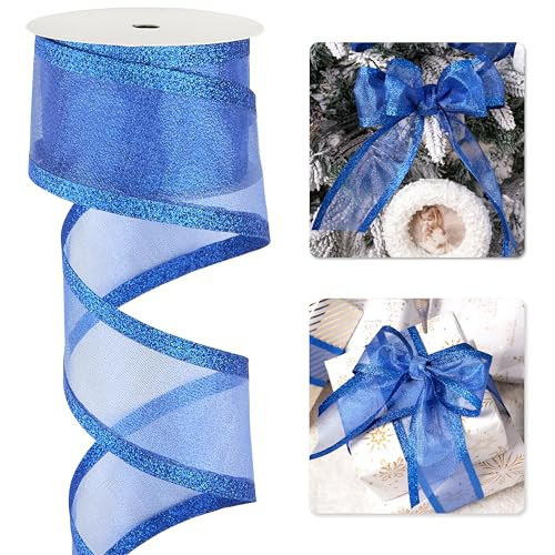 LIZLOVESS Royal Blue Christmas Ribbon Wired 2.5 Inch Metallic Blue Wired Ribbon with Glitter Stripe, Dark Blue Ribbon for Christmas Tree, Wreaths Supplies, Swag, Garland, Holiday Decor - 10 Yards | Amazon (US)
