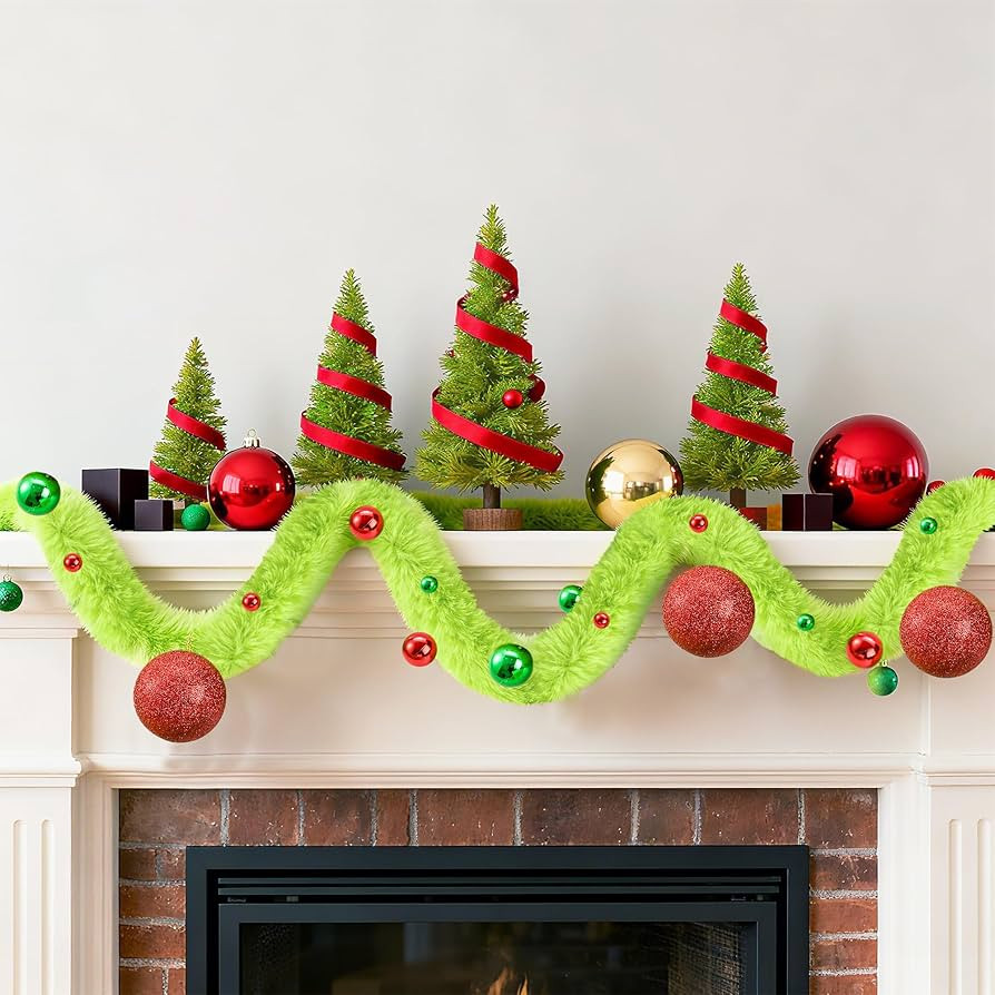 6 Feet Christmas Garland Decorations Xmas Lime Green Faux Fur Ribbon Trim with Red Green Balls Xm... | Amazon (US)