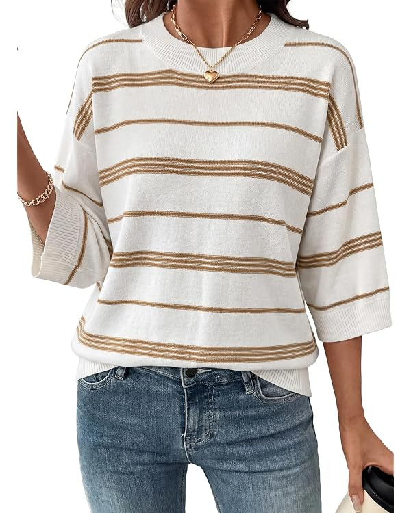 Dokotoo Womens Sweaters Summer Fall Oversized 3/4 Sleeve Striped Crewneck Casual Lightweight Knit... | Amazon (US)