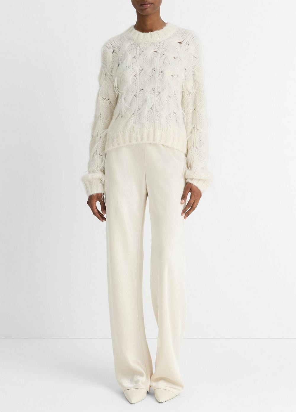 Women's Feather-Appliquéd Italian Cable-Knit Sweater, Off White, Size L Vince | Vince LLC