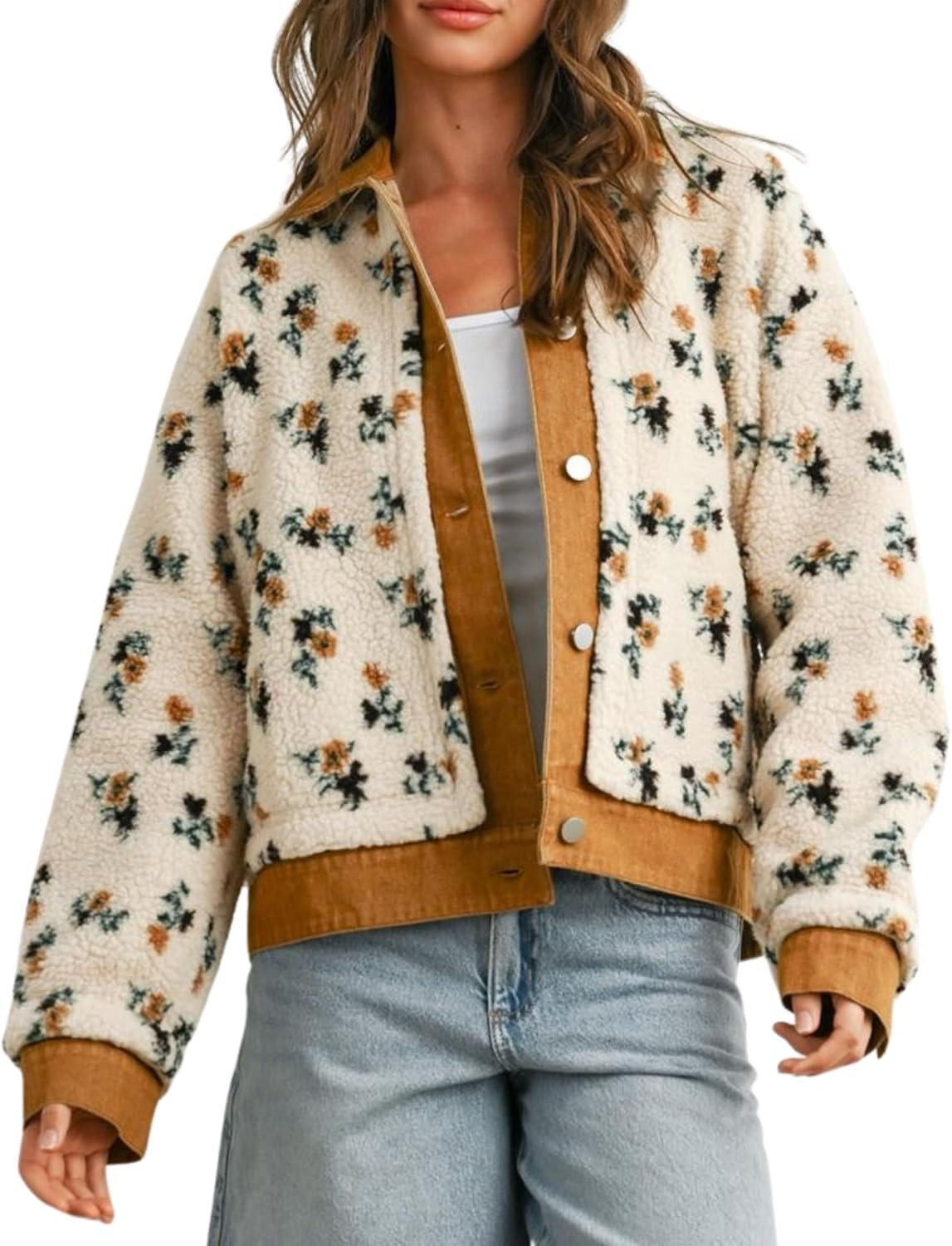 Women's Floral Sherpa Jacket Open Front Denim Collar Fleece Jackets Oversized Outerwear with Pockets | Amazon (US)