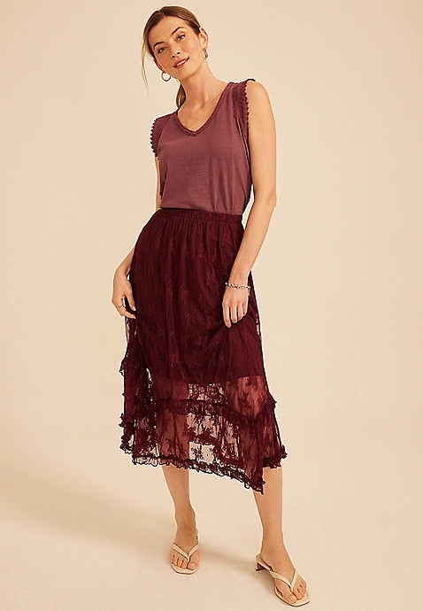 Floral Lace Hanky Hem Maxi Skirt | Maurices