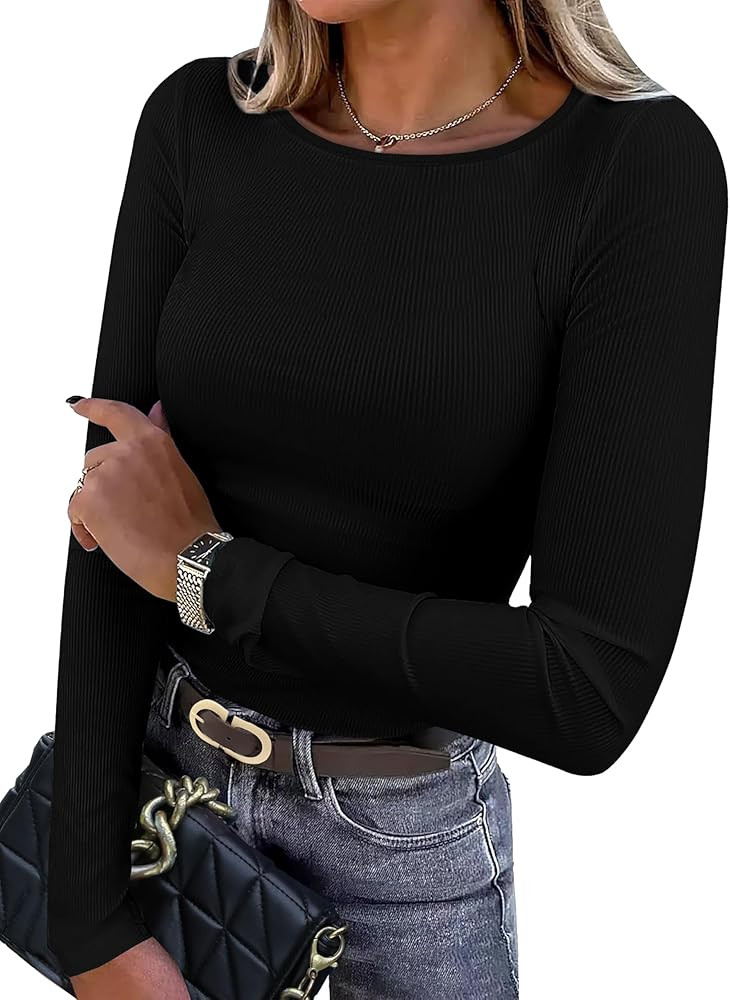 WIHOLL Women's Knit Ribbed Long Sleeve Shirts 2024 Fall Casual Crewneck Tops Slim Fitted Basic Te... | Amazon (US)