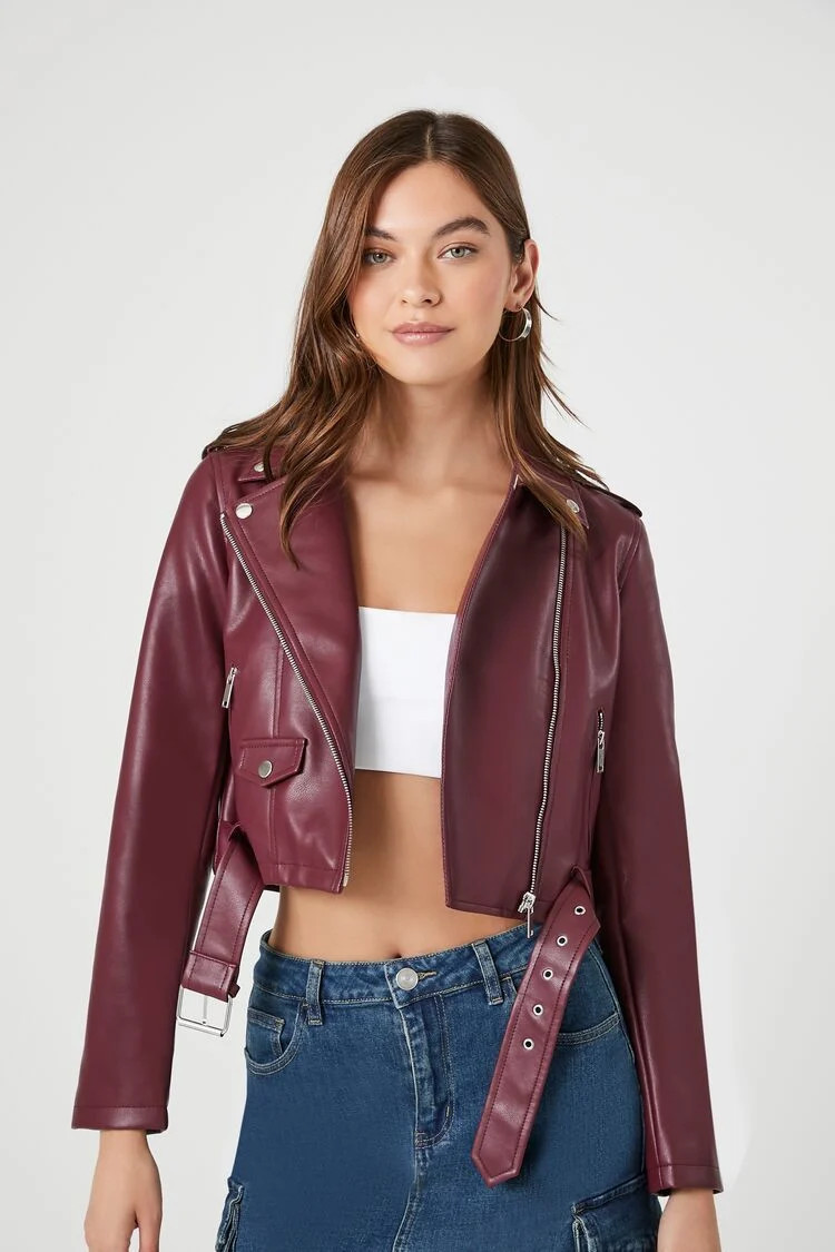 Women's Faux Leather Cropped Moto Jacket in Merlot, XS | Forever 21