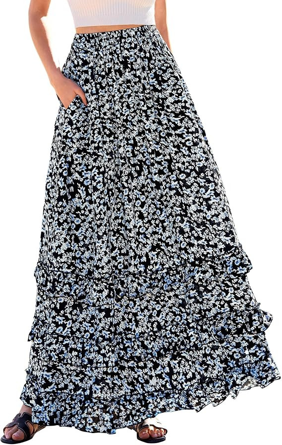 BTFBM Skirts for Women Summer Flowy A-Line Floral Boho Maxi Skirt Long Wedding Guest Dresses Spri... | Amazon (US)