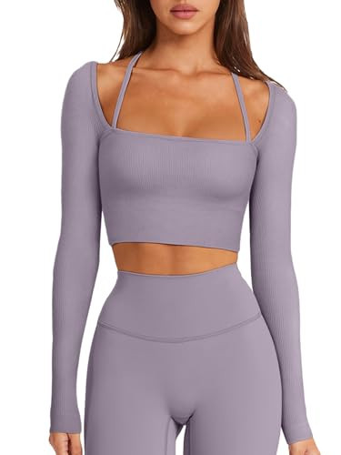 LASLULU Womens Long Sleeve Sports Bra Workout Crop Tops Sexy Ribbed Cropped T Shirts Running Gym Shirts Fall Tops 2025(Hazy Lilac,Small) | Amazon (US)