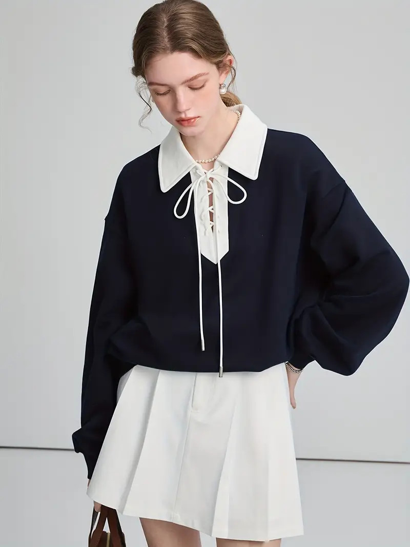 Lace Up Pullover Lapel Sweatshirt, Stylish Long Sleeve Sweatshirt For Fall & Winter, Women's Clot... | Temu Affiliate Program