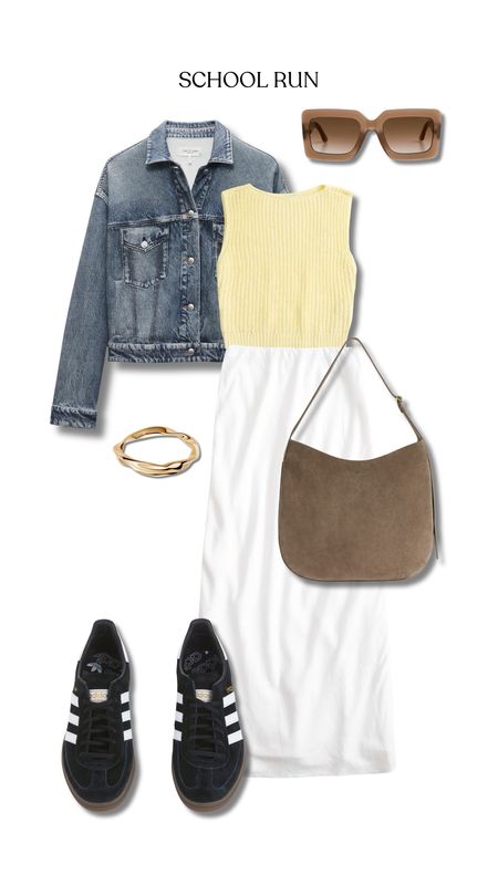 School run outfit maxi skirt white yellow vest top denim jacket and adidas gazelle sneakers trainers 

#LTKshoes #LTKbag #LTKstyletip
