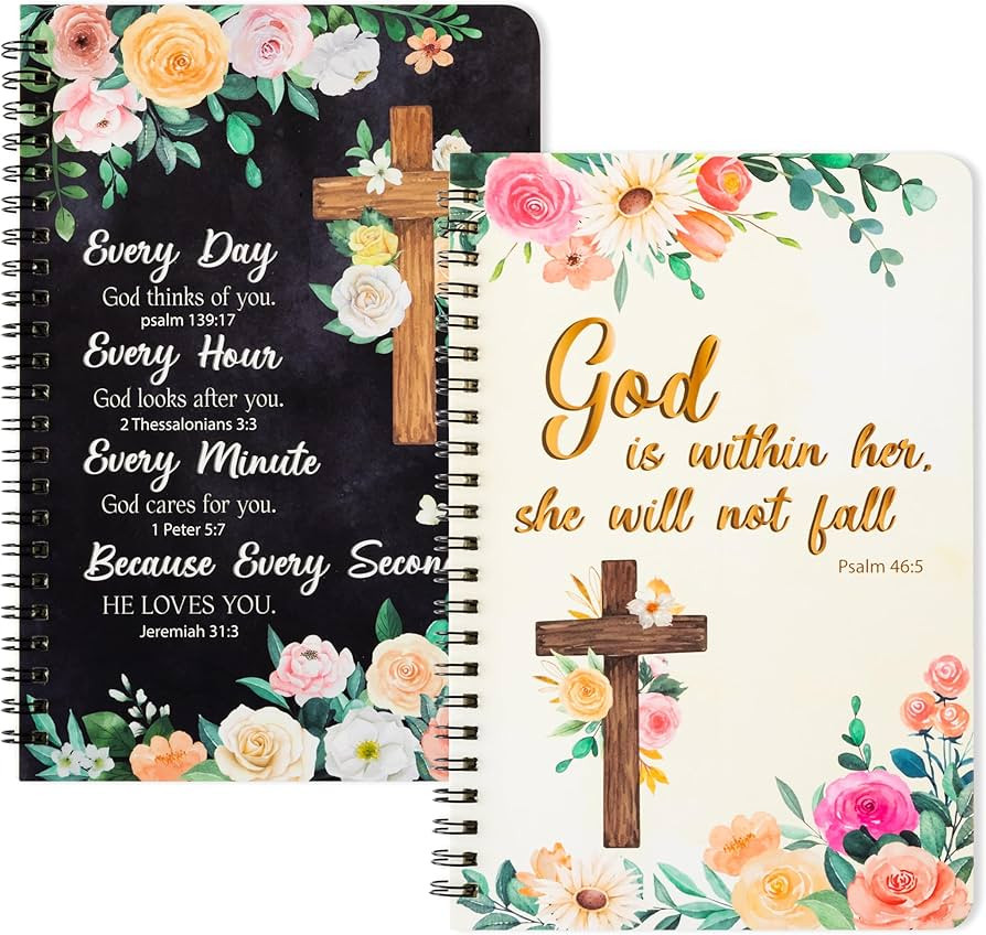 2Pack A5 Floral Cross Religious Spiral Notebooks, She Will Not Fall Bible Verse Ruled Hardbound J... | Amazon (US)