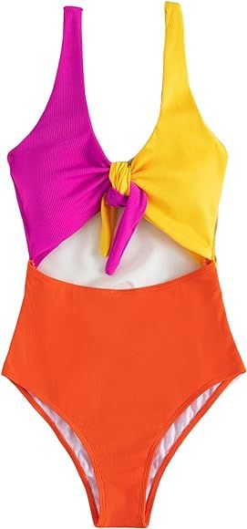 SheIn Women's One Piece Color Block Cut Out Swimsuit Backless Tie Front V Neck Bathing Suit Swimw... | Amazon (US)