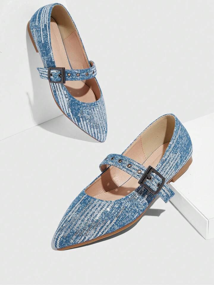 CUCCOO SZL Women Shoes Fashion Sparkly Decorated Pointed Toe Versatile Blue Flat Shoes | SHEIN