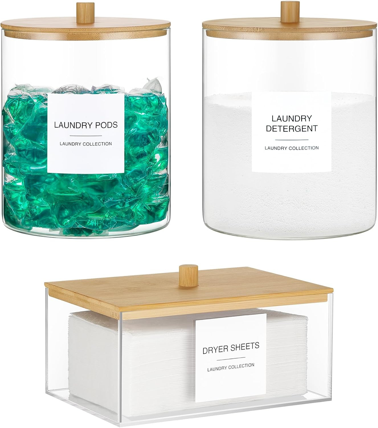 TIPGO Glass Jars and Acrylic Dryer Sheet Holder, Laundry Pods Container with Bamboo Lid and 27 Labels, Powder Detergent Containers for Laundry Room Organization, Storage Jars Set (3 Pack) | Amazon (US)
