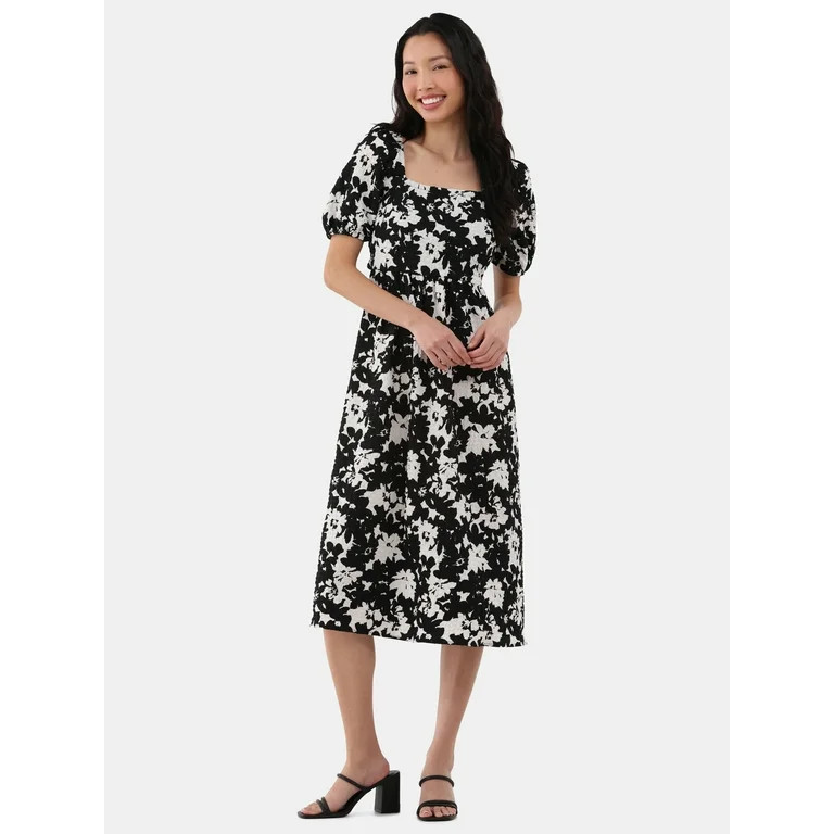 Time and Tru Women's and Women's Plus Back Tie Midi Dress with Puff Sleeves, Sizes XS-XXXL | Walmart (US)