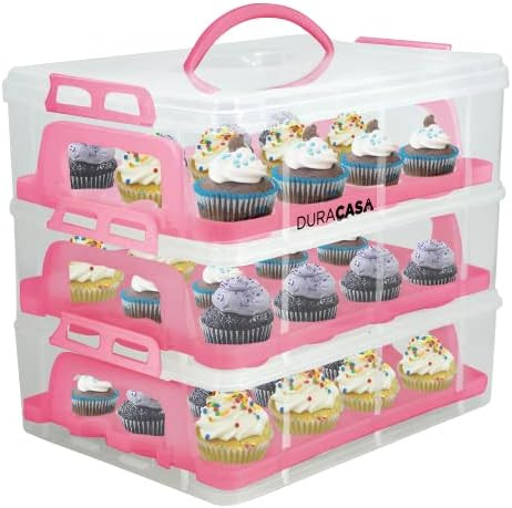 DuraCasa Cupcake Carrier, Cupcake Holder | Premium Upgraded Model Holds Cupcakes Steadier | Store up to 36 Cupcakes or Muffins | Stacking Cupcake Storage Container | Use 1,2, or 3 Tiers (Pink) | Amazon (US)