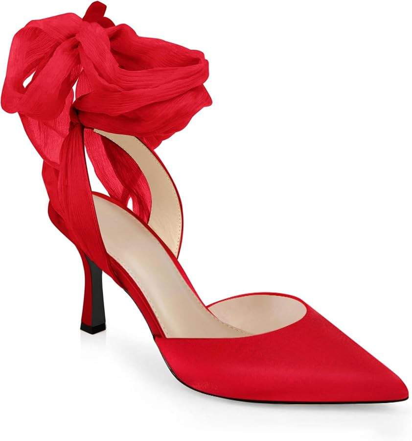 Womens Lace up Satin Heels Bow Pointed Closed Toe Bridal Dress Shoes Low Heel Wedding Elegant Pum... | Amazon (US)