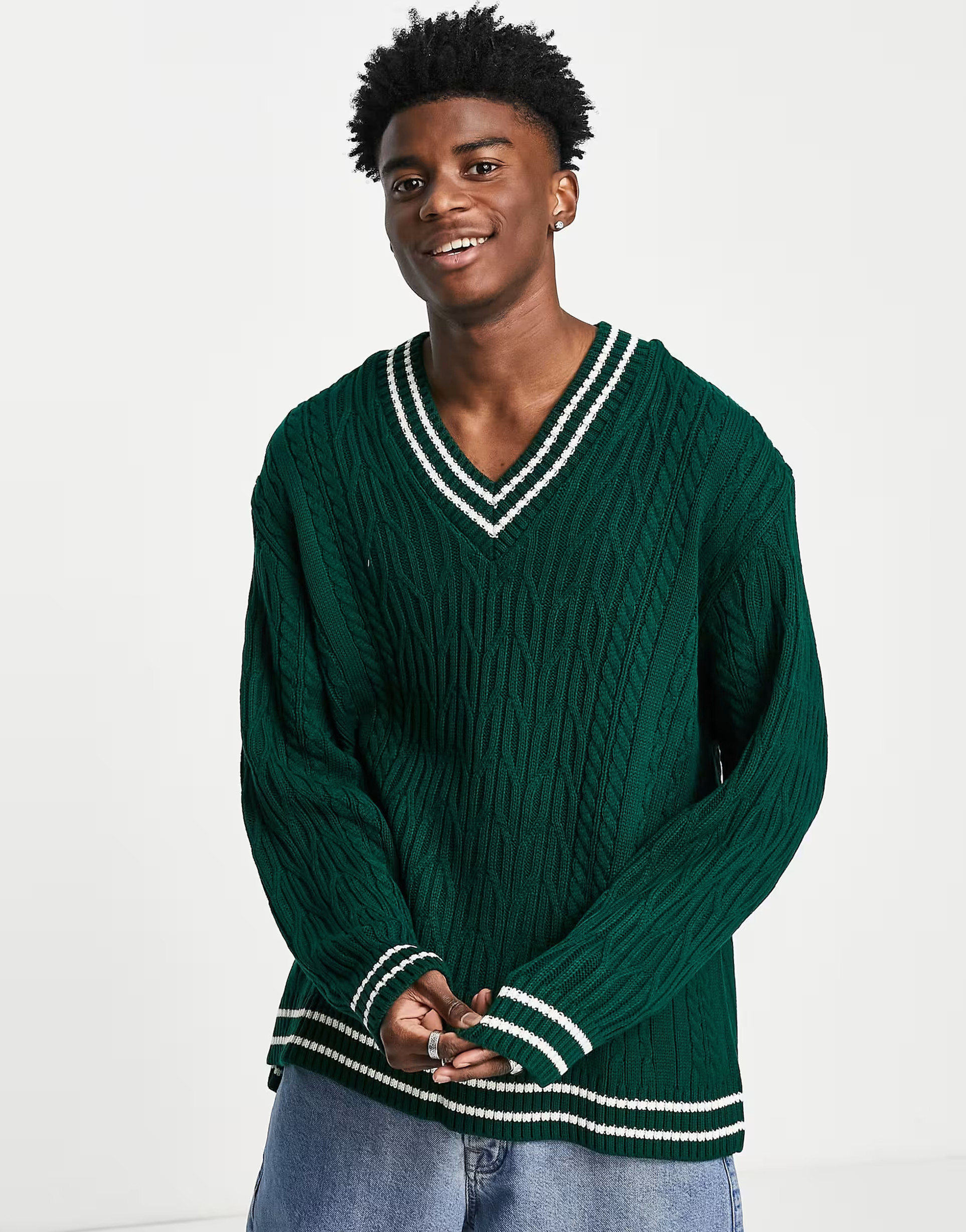 ASOS DESIGN cable knit cricket sweater in bottle green | ASOS (Global)