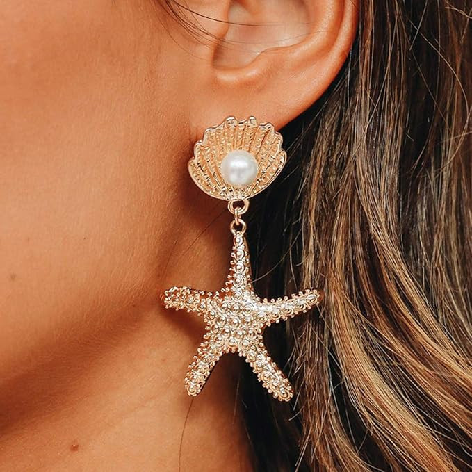 DOUBNINE Boho Starfish Shell Earrings Star Gold Dangle Women Beach Ocean Summer Jewelry Gift | Amazon (US)