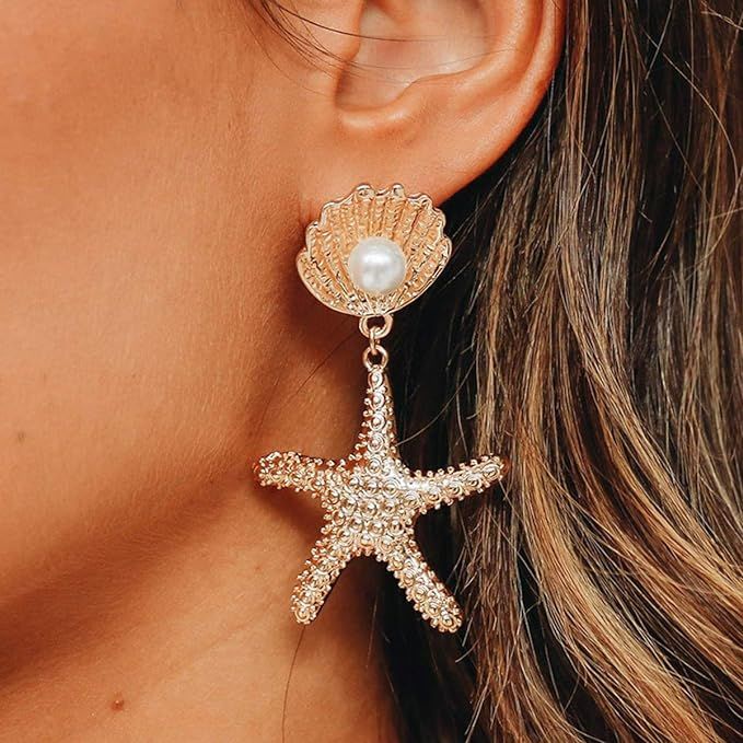 DOUBNINE Boho Starfish Shell Earrings Star Gold Dangle Women Beach Ocean Summer Jewelry Gift | Amazon (US)