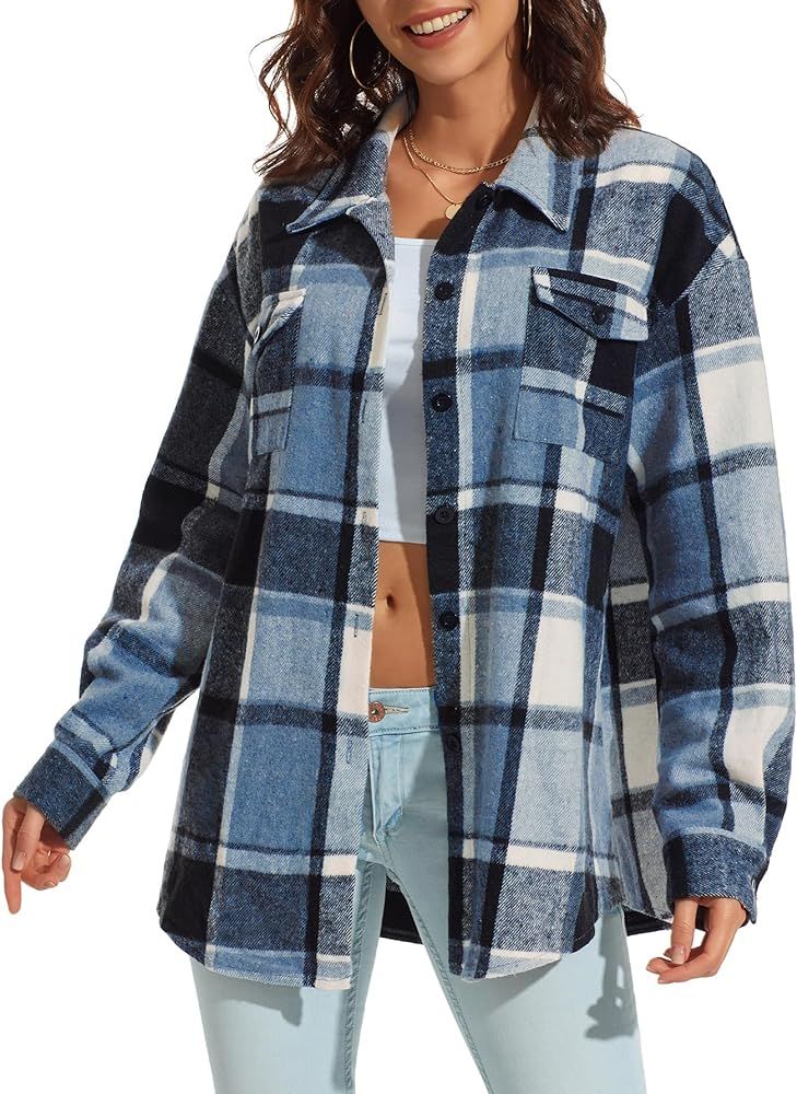 Womens Casual Plaid Shacket Button Down Long Sleeve Shirt Fall Clothes for Women Tops Sweater | Amazon (US)