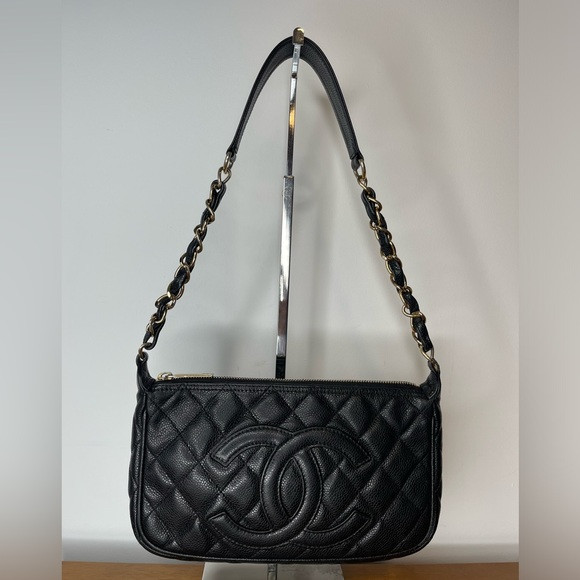 Auth Classic Chanel Black Caviar Hobo Chain Gold HW Handbag Pochette | Poshmark