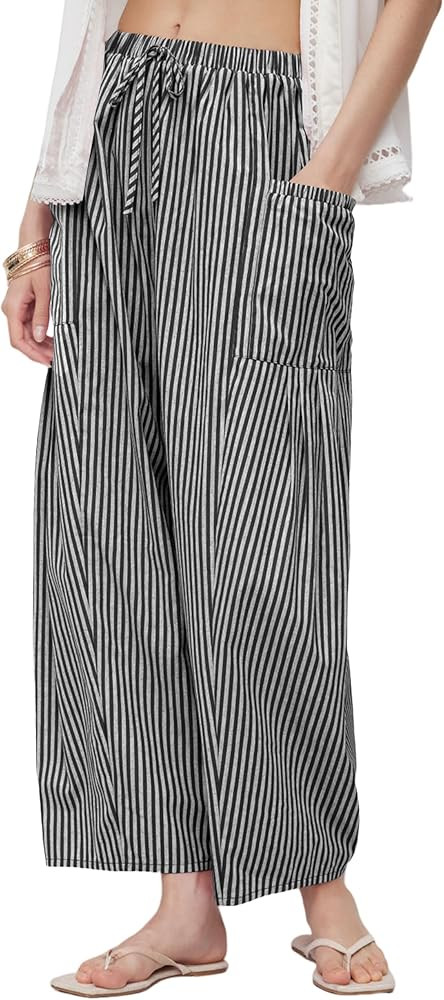 Yeokou Women Wide Leg Pants Casual Striped Cotton Mid Rise Drawstring Palazzo Trousers with Pocke... | Amazon (US)