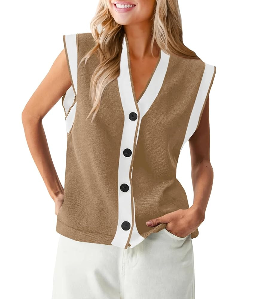 Saodimallsu Womens V Neck Sweater Vest Button Down Cap Sleeve Summer Trendy Color Block Loose Kni... | Amazon (US)