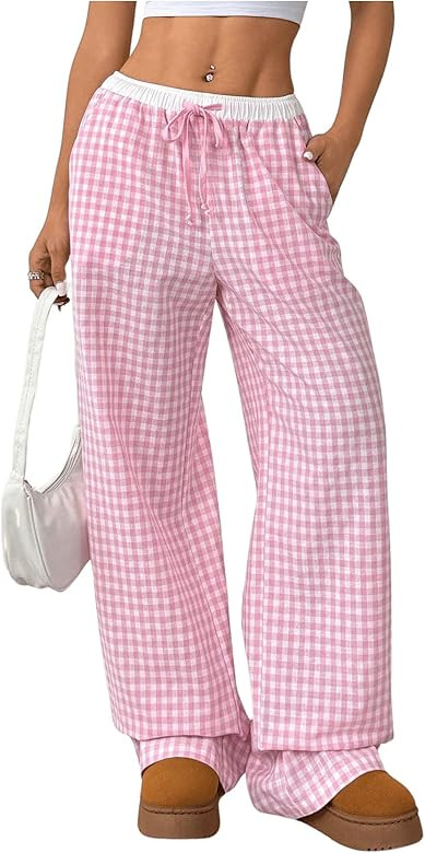 MakeMeChic Women's Gingham Drawstring Waist Wide Leg Pants Plaid Y2K Long Pants Loungewear | Amazon (US)