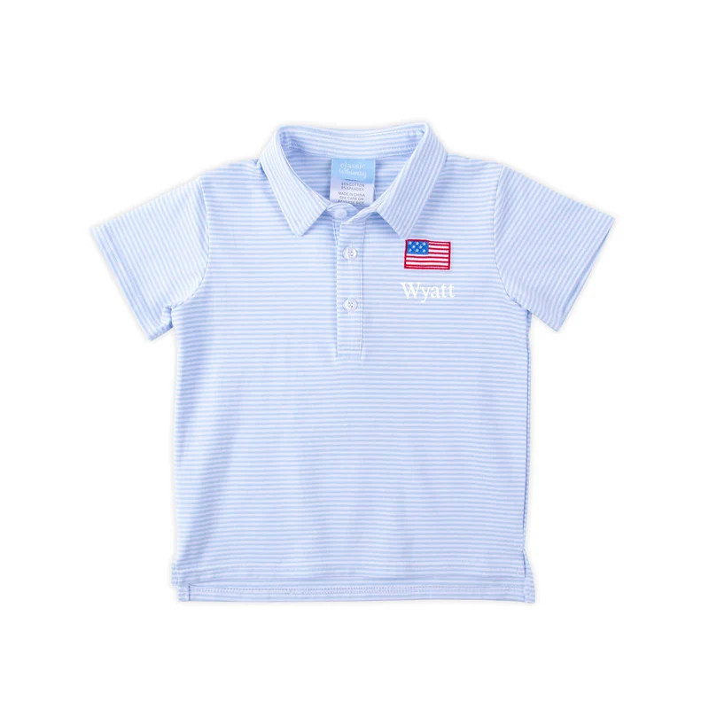 Flag Embroidered Light Blue Stripe Polo | Classic Whimsy